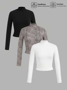 SHEIN EZwear 3 cái/bộ Áo thun dài tay cao cổ trơn vừa vặn phù hợp cho mùa thu đông - Nhiều màu - Xem 1