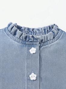 SHEIN Young Girl Blue Denim Ruffled Collar Floral Button Long Sleeve Blouse