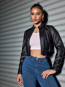 女式 PU 皮革前拉链修身夹克，时尚百搭外套，打造休闲时尚造型，秋季 - 黑色 - 查看 5