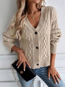 SHEIN LUNE Women's Casual Cable Single-Breasted Cardigan - Khaki - View 4