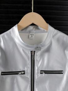 SHEIN 青少年女孩春秋长袖休闲针织 PU 皮革拉链立领夹克 - 銀色 - 查看 8
