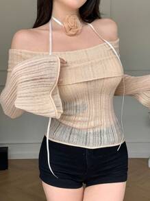 DAZY 女士纯色修身露肩长袖毛衣，春秋款透明，秋季女装 - 米色 - 查看 1