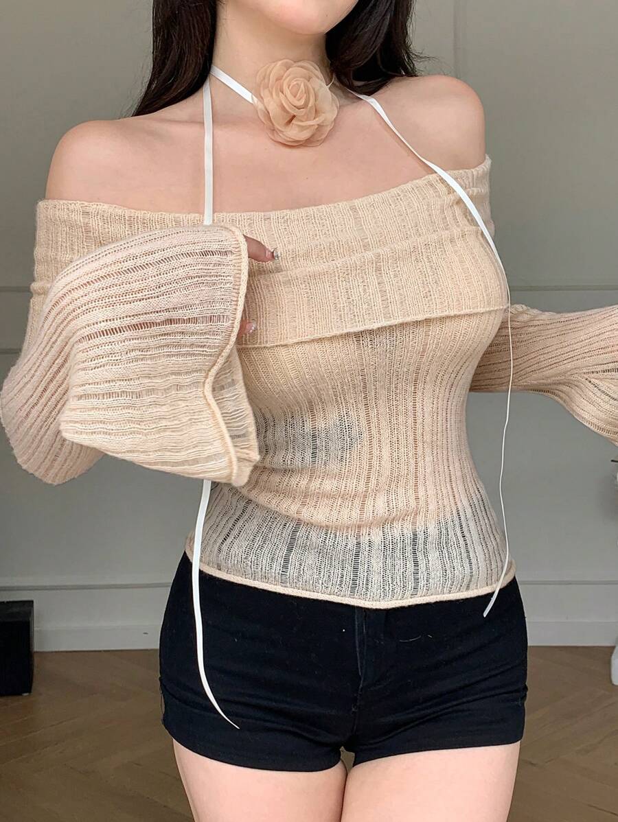 DAZY 女士纯色修身露肩长袖毛衣，春秋款透明，秋季女装 - 米色 - 查看 1