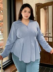 Dazy Plus Plus Size Plain Color Cinched Waist Shirt, Spring/Summer/Autumn