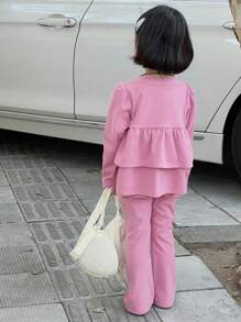 DAZY 2pcs/Set Young Girl Solid Color Crew Neck Long Sleeve Ruffle Hem Top And Pants Casual Outfit, Spring Autumn