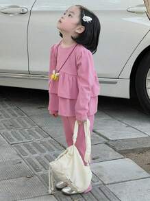 DAZY 2pcs/Set Young Girl Solid Color Crew Neck Long Sleeve Ruffle Hem Top And Pants Casual Outfit, Spring Autumn