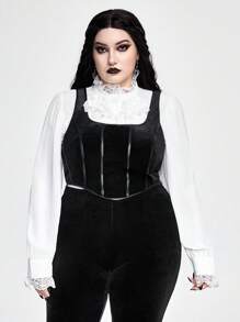 ROMWE Goth 大码万圣节复古优雅天鹅绒无袖背心 - 黑色 - 查看 4