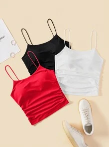 SHEIN Essnce Áo ba lỗ cổ tròn bó sát thoải mái cho nữ mùa hè thoáng khí cơ bản áo hai dây nữ áo ngực miễn phí áo ba lỗ, gói 3 - Đỏ - Xem 3