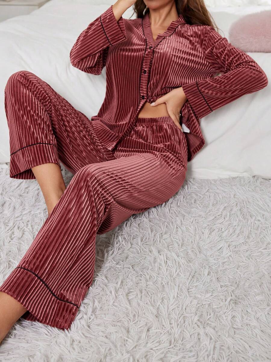 LuxeNights Velvet Women Pajamas Set Top & Pants Cozy And Elegant Details, Fall Winter Clothes - Pink - View 1