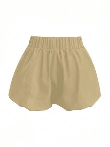 SHEIN Women's Solid Color Casual Minimalist Daily Shorts - Khaki - View 2