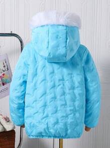 Tween Girl Hooded Padded Coat With Fuzzy Collar And Geometric Rubberized Patterns - Baby Blue - View 2