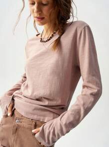 Bohemela Effen kleur ronde hals lange mouw maxi T-shirt voor dames