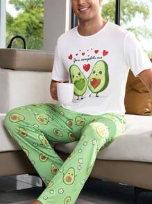 CoupledUp Men Avocado Print Short Sleeve Pajama Set - Green - View 4