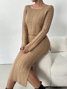Chiquease 女士纯色简约长袖毛衣和裙子两件套 - 卡其色 - 查看 6