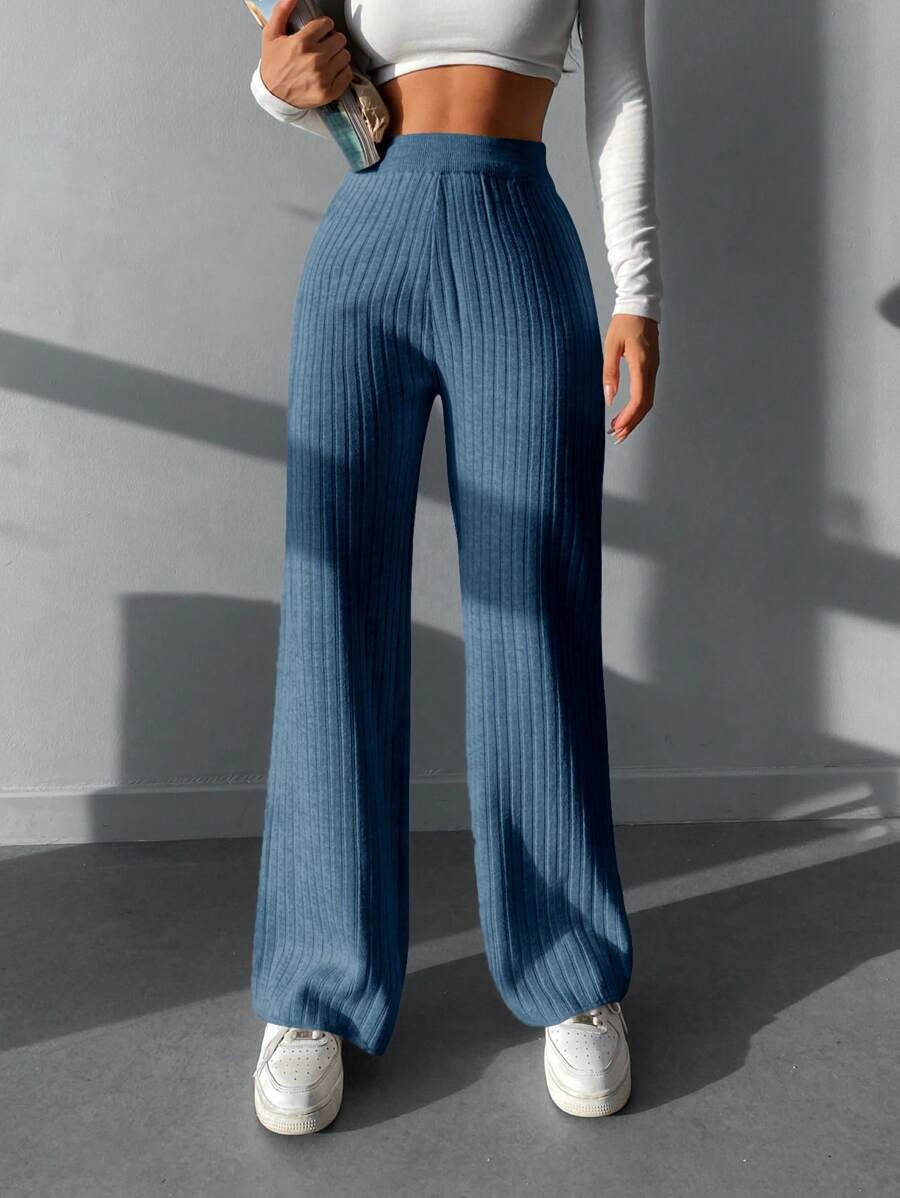 RueChic Solid Ribbed Knit Wide Leg Pants - Blue - View 1