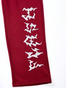 SHEIN 青少年男孩字母图案针织休闲宽松运动裤，休闲款，适合万圣节派对 - 紅色 - 查看 6