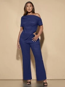 SHEIN BAE 大码女式春夏休闲两件套露肩短袖上衣和喇叭裤，黑色 - 藏蓝色 - 查看 6