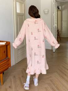 DAZY Flannel Sweet Pattern Allover Print Ruffle Hem Thick Nightgown Pajama,Thermal Lined Fall,Winter - Pink - View 2