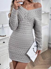SHEIN LUNE Váy len dệt kim dáng rộng thông thường mới, thời trang & đa năng, phong cách Âu Mỹ - Xám - Xem 1