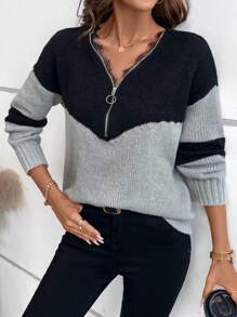 SHEIN LUNE Fashionable New Zip-Up Knitted Sweater, European And American Design Sense, Lace Patchwork, Casual Versatile Pullover