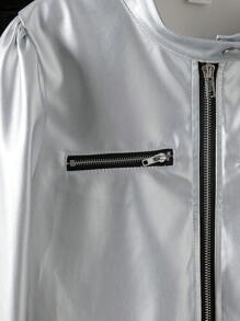 SHEIN 青少年女孩春秋长袖休闲针织 PU 皮革拉链立领夹克 - 銀色 - 查看 5