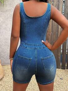 SHEIN Slayr Bộ đồ liền thân denim bó sát cổ tròn không tay cho nữ, sang trọng và thanh lịch - Rửa nhẹ - Xem 2