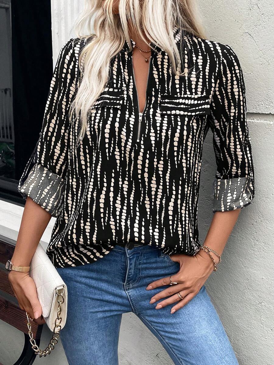 SHEIN LUNE Women's Casual All-Over Print Roll-Up Sleeve Blouse, Spring Autumn - Black - View 1