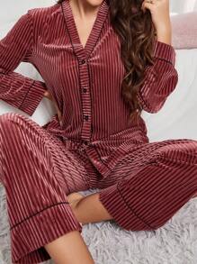 LuxeNights Velvet Women Pajamas Set Top & Pants Cozy And Elegant Details, Fall Winter Clothes - Pink - View 3