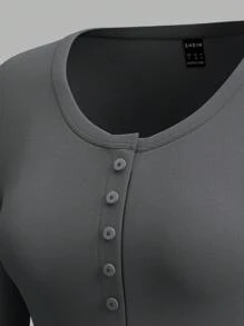 SHEIN EZwear 3-Pack Women Solid Knit Button Half Placket Long Sleeve Casual T-Shirt, Spring/Summer