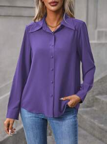 EMERY ROSE Plain Long Sleeve Casual Shirt, Spring & Fall - Violet Purple - View 4