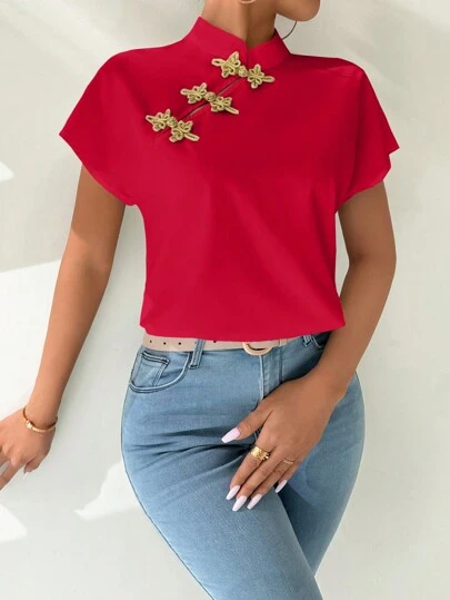 Chiquease Women's Chinese Button Short Sleeve Blouse For New Year Clothes