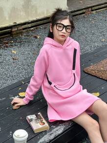 SHEIN Girls Oversized Hoodie Dress, Casual American College Style Pullover Sweatshirt With Backpack Decoration, Autumn