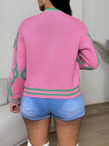 VaVaBold Nuevo cárdigan abotonado rosa y verde de ajuste ceñido con patrón geométrico sexy para mujeres - Rosa - Ver 2