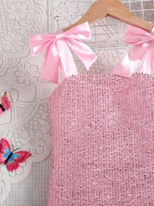 SHEIN Tween Girls Elegant Net Pearls Embroidery Spaghetti Strap Fitted Dress - Pink - View 4