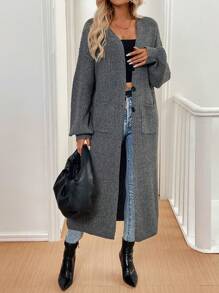 Chiquease Long Casual Cardigan With Double Pockets, Mixed Fabric, Autumn/Winter Thermal