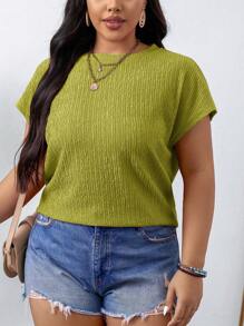 SHEIN LUNE Plus Size Crew Neck Batwing Sleeve Casual Loose Comfy Blouse - Olive Green - View 3