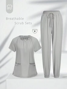 TaskEZ Health Check Scrubs Uniforms Women Solid Color Pet Grooming Work Uniform Set Nutritionist Work Suits Short Sleeved Lab Work Wear