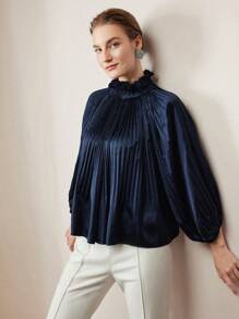 MOTF 纯色荷叶边立领灯笼袖百褶衬衫（无腰带）、荷叶边上衣 - 藍色 - 查看 9