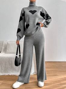 SHEIN PETITE 2pcs/Set Casual Heart Pattern High Neck Sweater - Grey - View 1