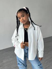 Tween Girl Oversized White Shirt With Graffiti And Bear Pattern - White - View 4