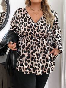 SHEIN CURVE+ Plus Size Elegant Oblique Collar Waist Gathered A-Line Leopard Print Blouse - Multicolor - View 5