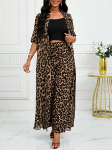 SHEIN Lady Autumn And WinterElegantblackbrownleopardWoven PrintLong SleeveLong Women Blouses&Wovenleopard PrintWomen Pants - Multicolor - View 4