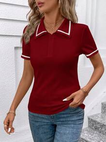 SHEIN Clasi Áo thun mỏng thường ngày có khóa kéo màu mùa hè dành cho nữ - Màu Đỏ Sâu - Xem 7