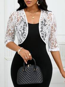 SHEIN Lady 秋冬休闲优雅工作黑色蕾丝女士夹克 - 白色 - 查看 1