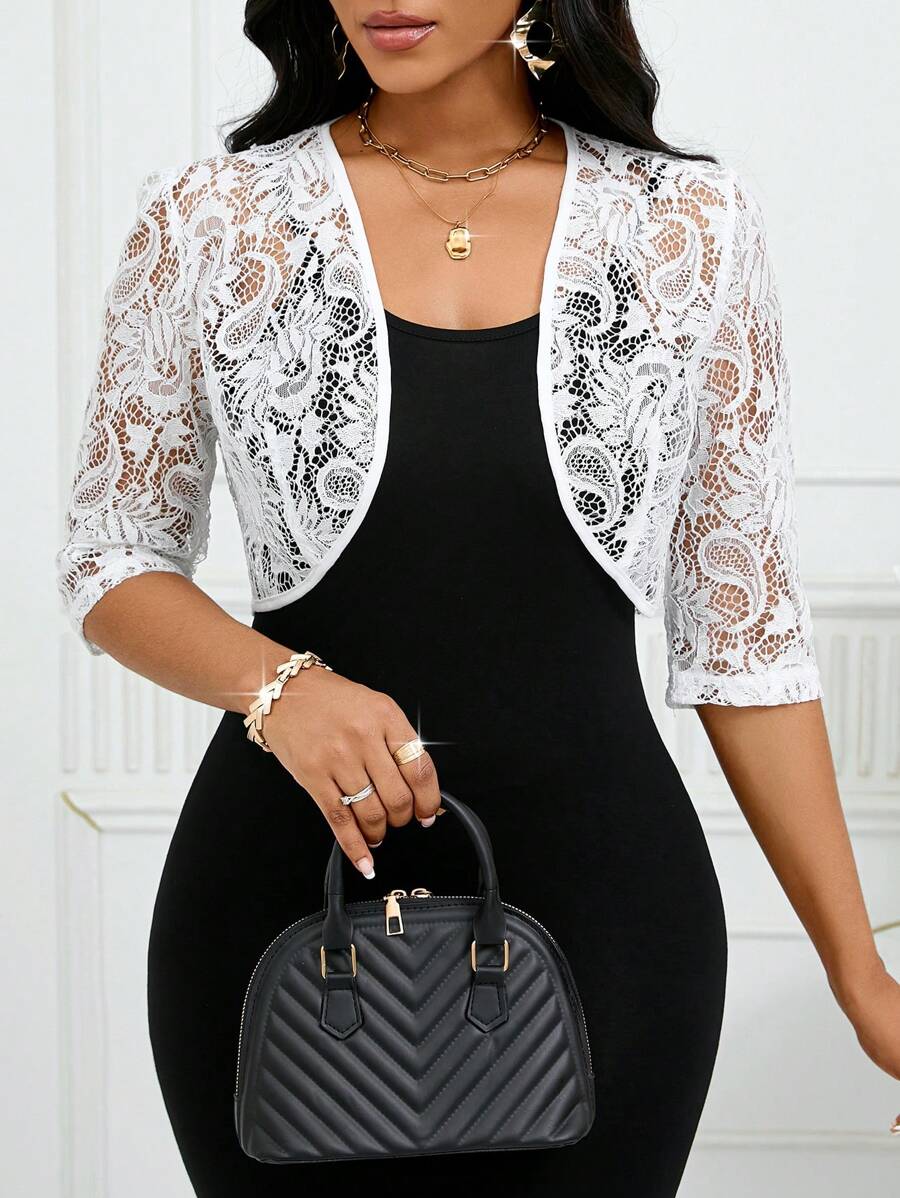 SHEIN Lady 秋冬休闲优雅工作黑色蕾丝女士夹克 - 白色 - 查看 1