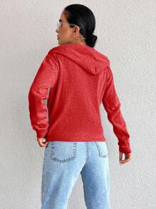 RueChic 100%Cotton Women's Zipper Front Hooded Sweatshirt With Drawstring - Red - View 2