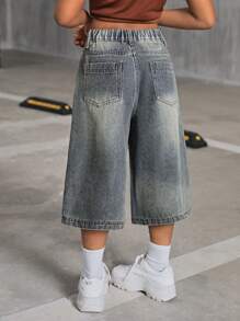 SHEIN SLAYR KIDS 青少年女孩 Y2K 2000 年代复古水洗宽松休闲牛仔阔腿及膝牛仔裤短裤，女孩秋季服装返校街头服饰