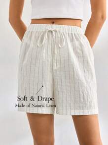 Ocili Leisure Women's Comfortable Striped Linen Waist Tie Shorts For Home Wear - Khaki - View 1