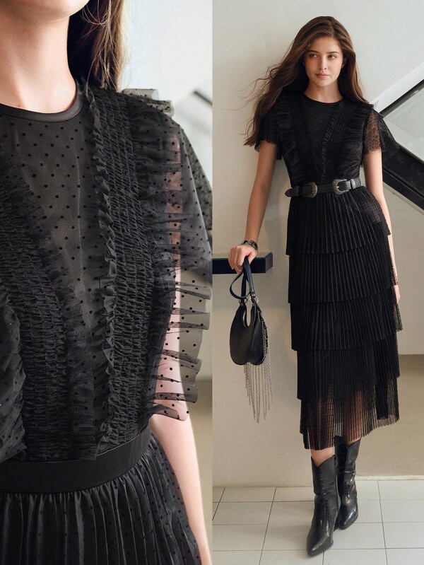 MOTF STUDIO MESH OVERLAY RUFFLE TRIM LAYERED HEM PLEATED LONG DRESS