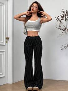 SHEIN EZwear 低腰条纹微喇叭西装裤 - 黑色 - 查看 5
